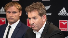 New Zealand Rugby chief executive Mark Robinson speaking during a media conference announcing Scott Robertson as the next All Blacks coach. Photo / Mark Mitchell