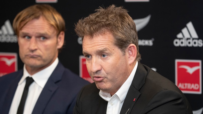 New Zealand Rugby chief executive Mark Robinson speaking during a media conference announcing Scott Robertson as the next All Blacks coach. Photo / Mark Mitchell