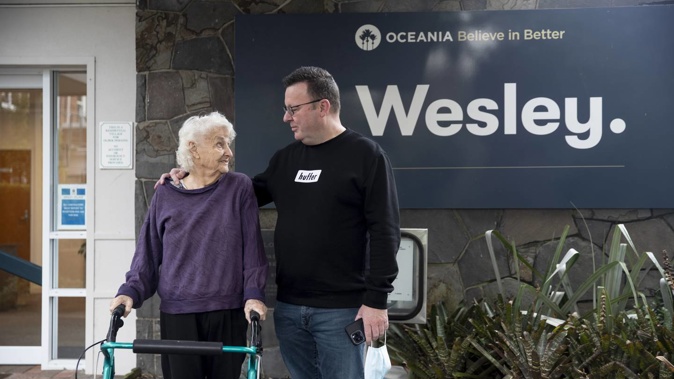 Richard Cate with his mother Florance Cate (Flo) who is a resident at the Wesley Care Centre in Mt Eden. Photo / Dean Purcell