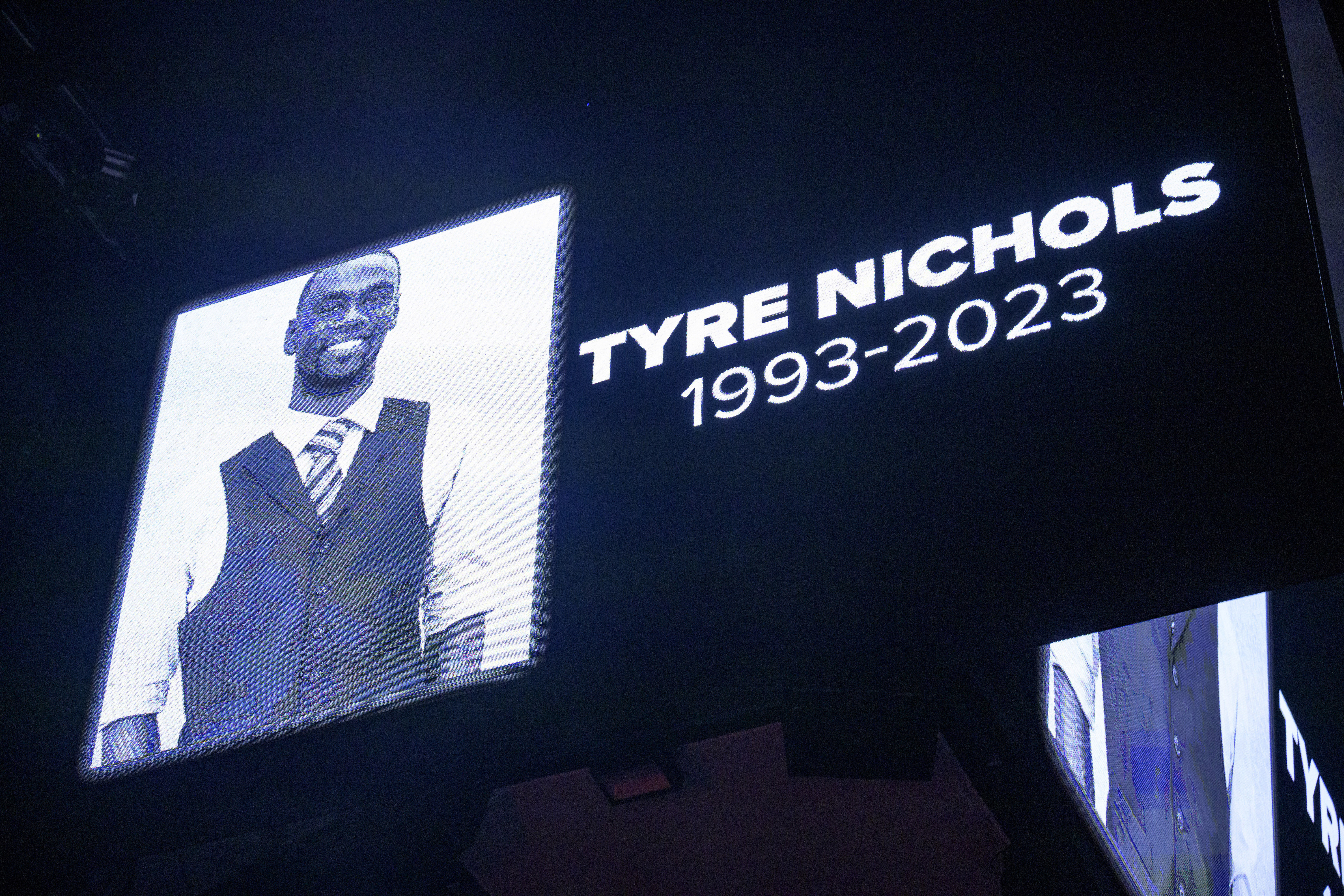 The screen at the Smoothie King Center in New Orleans honors Tyre Nichols before an NBA basketball game between the New Orleans Pelicans and the Washington Wizards. Photo / AP