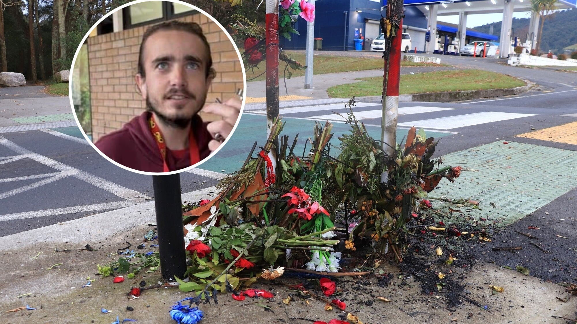 A flower tribute for Paige Johnson, who was killed after allegedly being hit by a motorcycle at Rotorua crossing, has been set on fire. Supplied photos