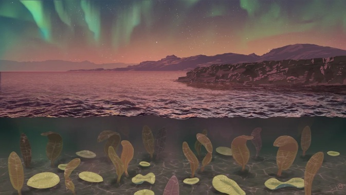 An artist's impression depicts what Earth may have looked like during the Ediacaran Period, when complex life began to blossom. Michael Osadciw/University of Rochester