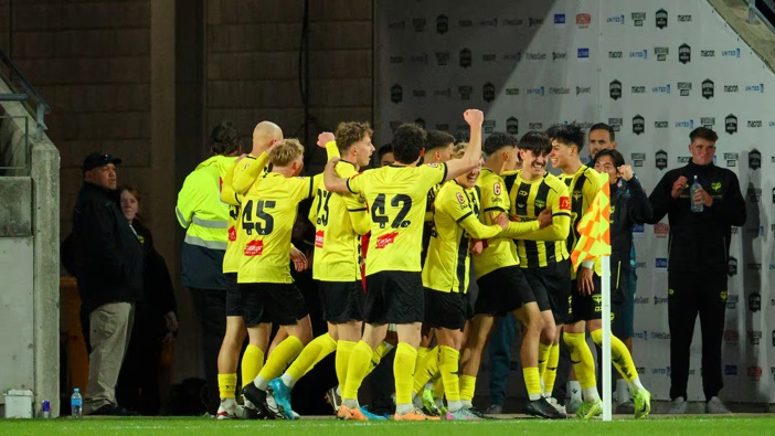 The Phoenix celebrate Luke Flowerdew's goal against Wrexham. Photo / Photosport