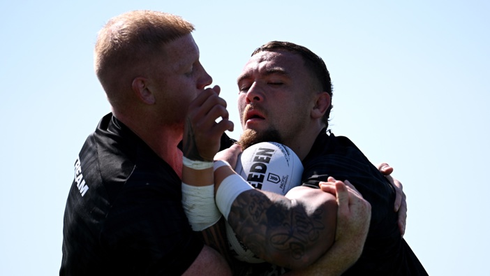 James Fisher-Harris runs into Griffin Neame during a New Zealand Kiwis training session at Nga Puna Wai on October 22, 2024 in Christchurch, New Zealand. (Photo by Joe Allison/Getty Images)