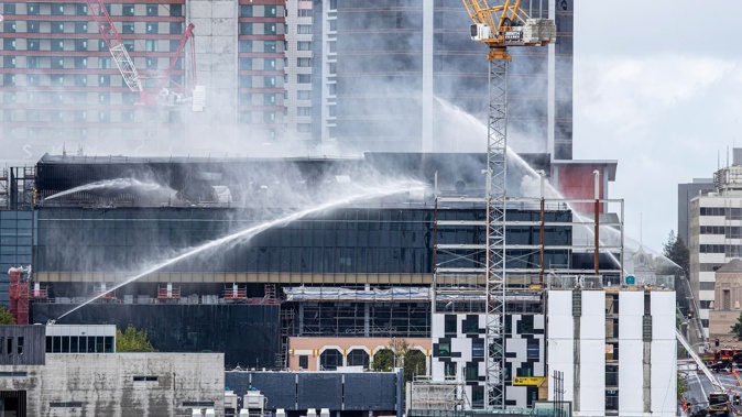 Fire at the New Zealand International Convention Centre, October 2019. The cost to Fletcher Building is still being counted. Photo / Michael Craig