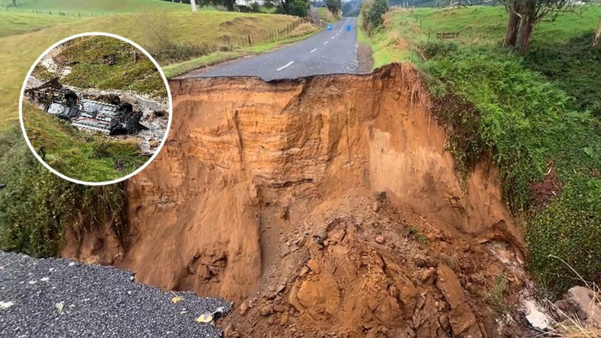Watch: Driver injured after car plunges into flooded chasm