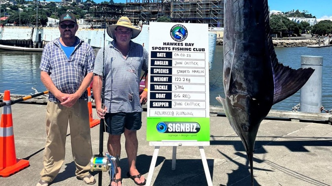 Cousins John and Tim Chittick with their prize-winning marlin. Photo / Megafish Facebook