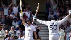 England's captain Ben Stokes and batting partner Ben Foakes celebrate their win on the fifth day. Photo / AP