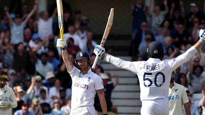 England's captain Ben Stokes and batting partner Ben Foakes celebrate their win on the fifth day. Photo / AP