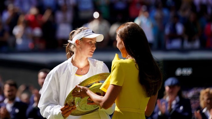 Elena Rybakina presented with the Venus Rosewater Dish by The Duchess of Cambridge at Wimbledon last year. Photo / Getty