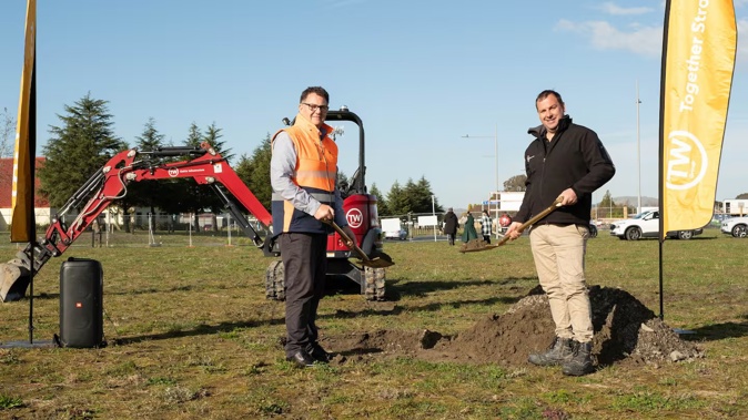 TW Property chief executive Terry May (left) and Sam Lee from the TW construction project at the karakia whakawātea and turning of the sod ceremony for the new Woolworths supermarket in Flaxmere, Hastings.