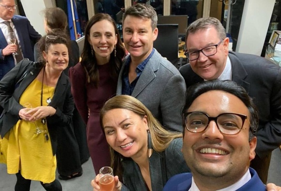 Dr Gaurav Sharma with PM Jacinda Ardern, Clarke Gayford and deputy PM Grant Robertson and Marama Davidson. Photo / Supplied