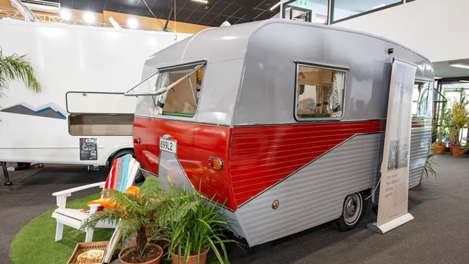 The restored caravan on display at the 2024 Hamilton Motorhome, Caravan and Leisure Show.