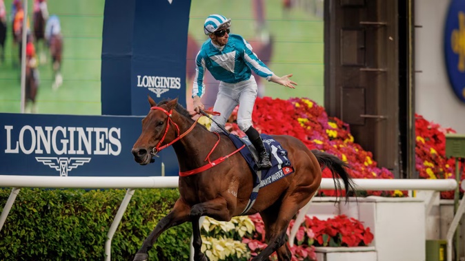 Kiwi jockey James McDonald winning the HK$40 million Hong Kong Cup on Romantic Warrior at Sha Tin in Hong Kong on Sunday. Photo / HKJC