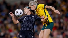 Gabi Rennie of the Football Ferns and Alanna Kennedy of the Matildas clash heads while competing for a header. (Photo / Photosport)