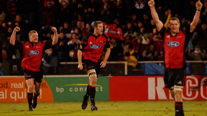 Crusaders Greg Somerville (L), Chris Jack and captain Reuben Thorne (R) celebrate the final whistle as their team beat the Brumbies 3113 in the final at Jade Stadium, Christchurch, Saturday. (Photo by Ross Land/Getty Images)