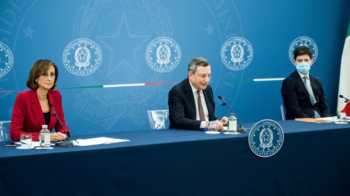 Italian Premier Mario Draghi, center, sits beside Justice Minister Marta Cartabia, left, and Health Minister Roberto Speranza during a press conference at Chigi Palace government office in Rome, Thursday, July 22, 2021. Photo / AP