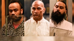 Accused of the murder of Brian James in Mt Roskill two days before Christmas in 2021 are (from left): Apisaloma Timoti, Angelo Junior Thomsen and Robin Leota, on trial in the Auckland High Court from Monday. Photos / George Block