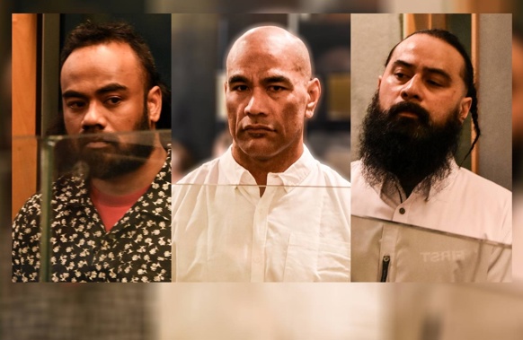 Accused of the murder of Brian James in Mt Roskill two days before Christmas in 2021 are (from left): Apisaloma Timoti, Angelo Junior Thomsen and Robin Leota, on trial in the Auckland High Court from Monday. Photos / George Block