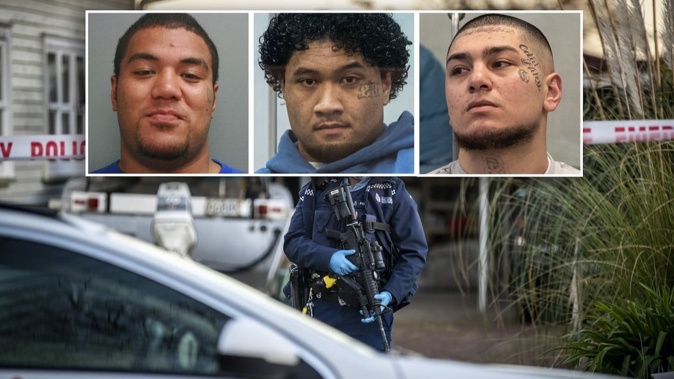 Armed police guard the scene of a fatal shooting in Ōtāhuhu, in August 2021. Peter Rasmussen, 75, died at the scene and now Lasalosi Vaitohi, Ethan Jessop and Daziea Leslie Huia are on trial for murder. Composite photo / NZME