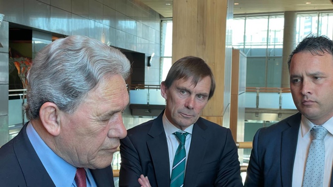 New Zealand First leader Winston Peters, Mana candidate Andy Foster, and campaign director Darroch Ball. Photo / Thomas Coughlan