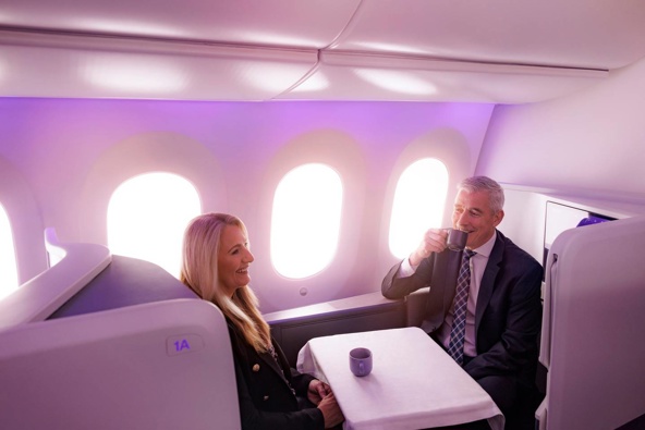 Air NZ's Leanne Geraghty and Greg Foran in Business Premier Luxe. Photo / Supplied