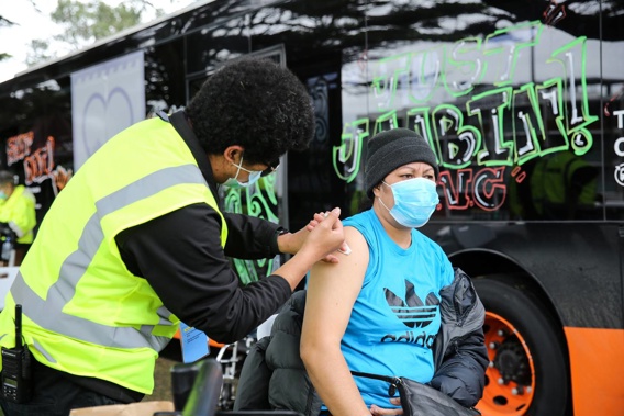 The 'Shot Doy' mobile vaccination bus run by Ngati Whatua O Orakia at Panmure, Auckland. (Photo / Sylvie Whinray)