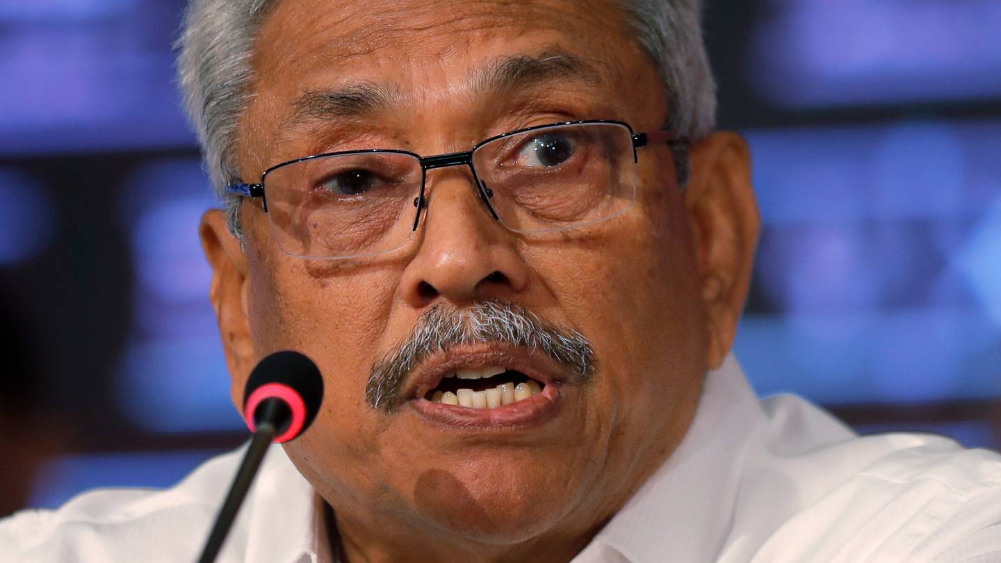 Then-Sri Lankan presidential candidate Gotabaya Rajapaksa speaks during a news conference in Colombo. Photo / AP