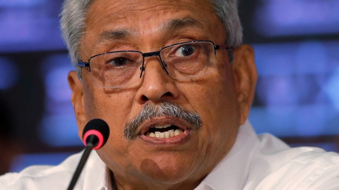 Then-Sri Lankan presidential candidate Gotabaya Rajapaksa speaks during a news conference in Colombo. Photo / AP