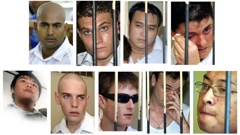This combo shows photos taken between 13 February, 2006 and 15 February, 2006 of Australian drug smugglers knows as the "Bali Nine": (top from left) Myuran Sukumaran, Scott Rush, Tach Duc Thanh Nguyen, Renae Lawrence, and (bottom row from left) Si Yi Chen, Matthew Norman, Michael Czugaj, Martin Stephen and Andrew Chan, at various stages of their trials in Denpasar, Bali island. Photo / AFP
