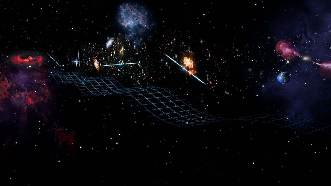 An artist's rendering of gravitational waves from a pair of close-orbiting black holes (visible on the left in the distance). The waves are passing by several pulsars and Earth (on the right). Keyi "Onyx" Li/U.S. National