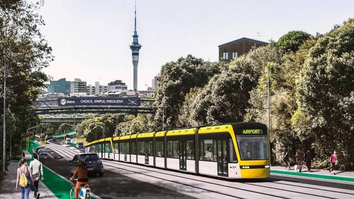 Artist impression of light rail on Ian McKinnon Drive heading towards Dominion Rd. Photo / Supplied