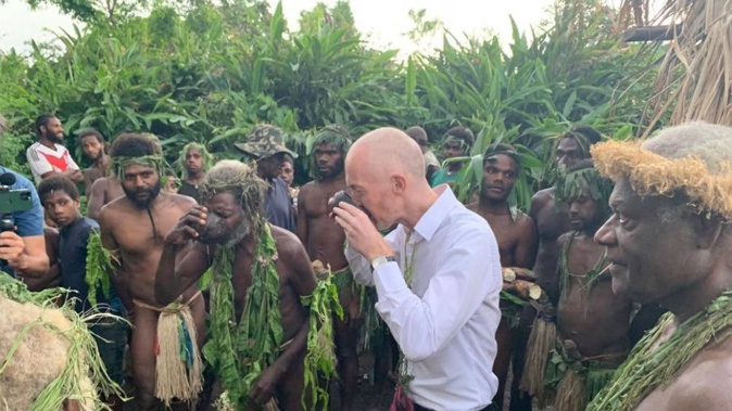 Acting British High Commissioner with villagers from the island of Tanna, in Vanuatu, during their own coronation celebrations. Photo / UK In Vanuatu