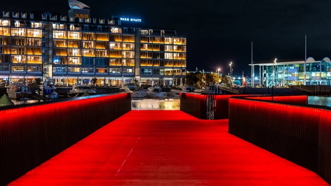 The on-water lighting display titled ‘IWA’ has been established on the Viaduct Harbour along with a synchronized soundscape each evening for Matariki ki te Manawa 2023. Photo / Bryan Lowe, Auckland Council.