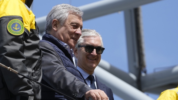 Italian Foreign Minister Antonio Tajani, center, speaks during an interview with The Associated Press as he arrives for a G7 Foreign Ministers meeting in the Italian southern island of Capri, Wednesday, April 17, 2024. Photo / AP
