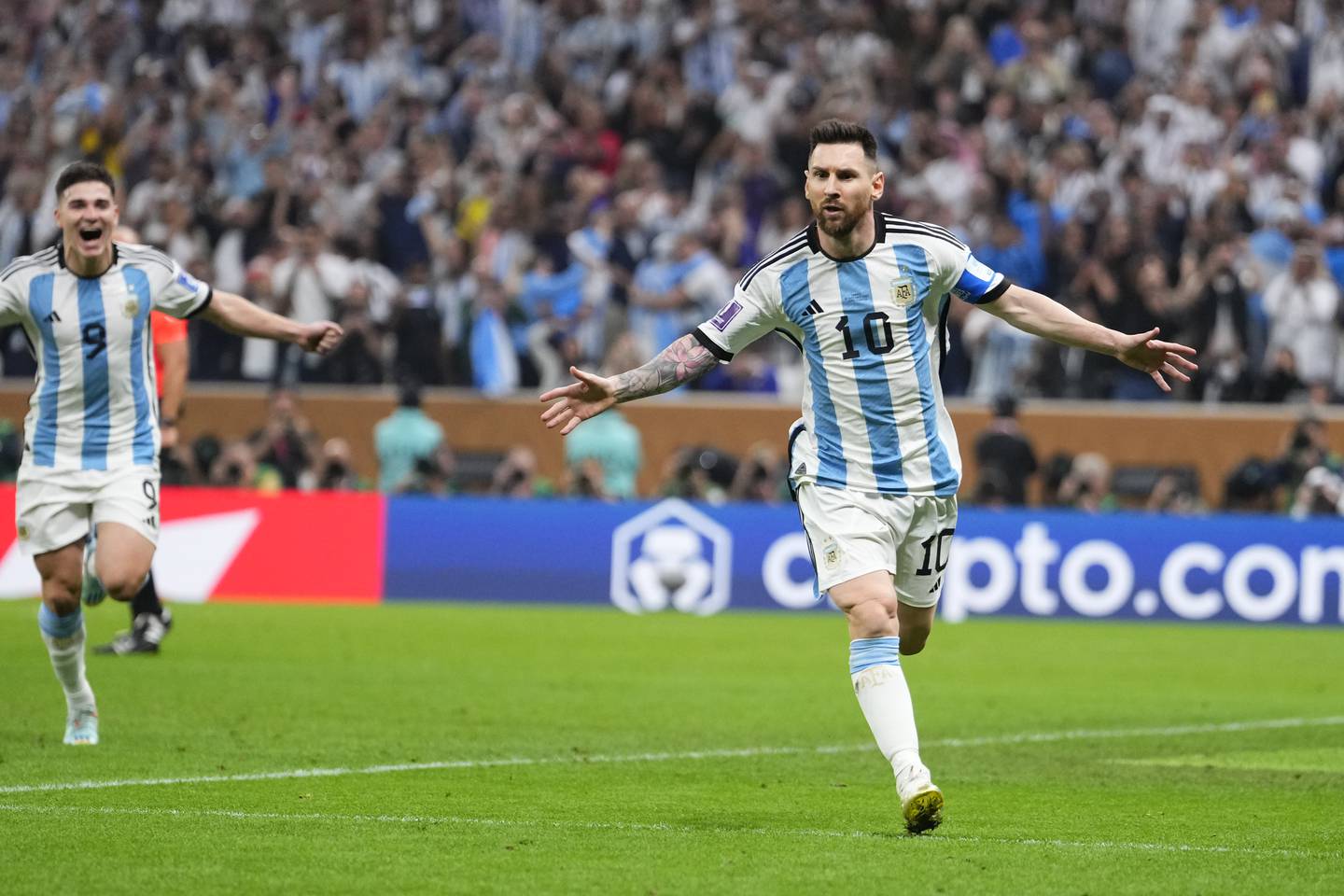 Argentina's Lionel Messi celebrates scoring his side's opening goal. Photo / AP