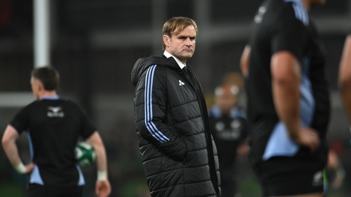 New Zealand head coach Scott Robertson looks on during the warm up ahead of the Autumn Nations Series 2024 match between Ireland and New Zealand All Blacks at Aviva Stadium on November 08, 2024 in Dublin, Ireland. (Photo by Charles McQuillan/Getty Images)