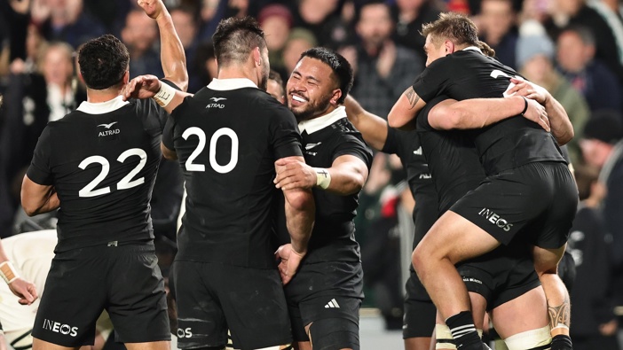 The All Blacks celebrate victory over England at Eden Park. Photo / Photosport