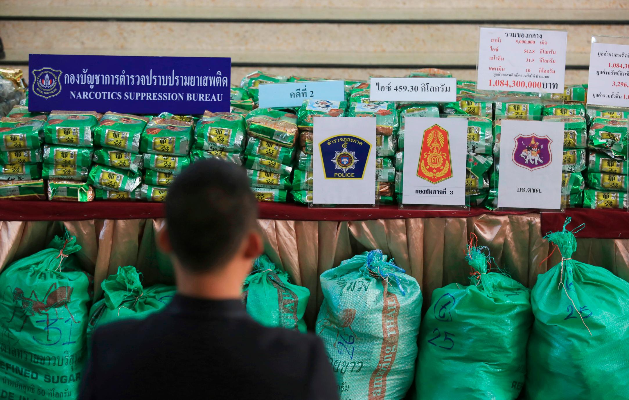 Seized methamphetamine is displayed on a table during a police press conference in Bangkok, Thailand, in 2019. Photo / CNN
