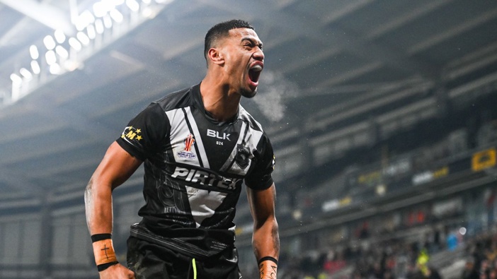 Ronaldo Mulitalo of the Kiwis celebrates a try against Fiji in the Rugby League World Cup quarter-finals. Photo / Photosport