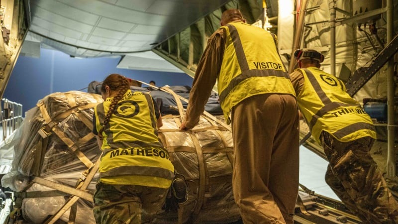 RNZAF personnel unload the C130-J Hercules in the Middle East. Photo / NZDF