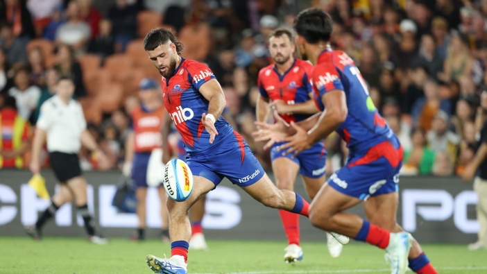 Corey Evans of the Blues clears the ball during the round five Super Rugby Pacific match between Chiefs and Blues at FMG Stadium, on March 15, 2025, in Hamilton, New Zealand. (Photo by Michael Bradley/Getty Images)
