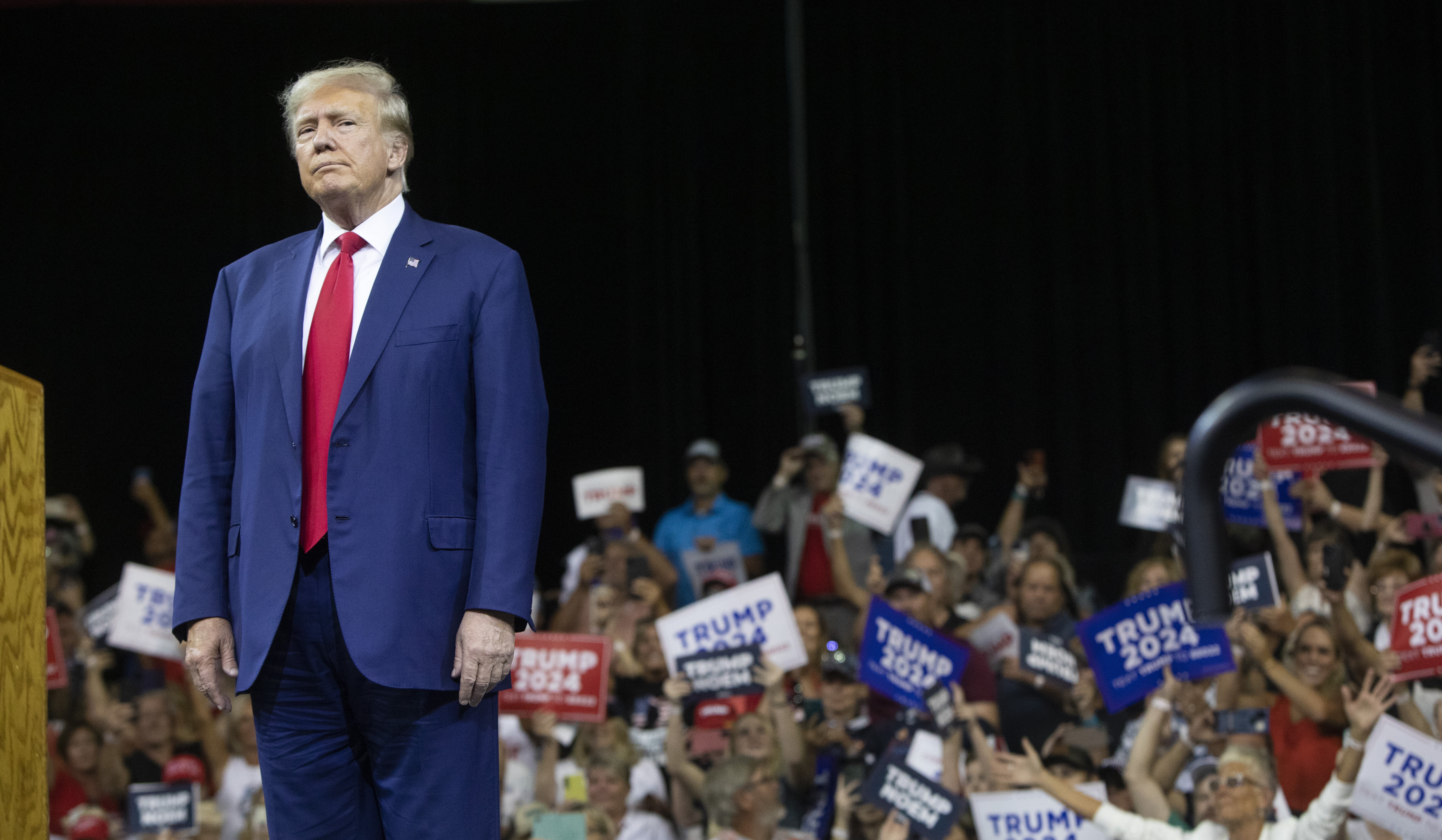 Former President Donald Trump stands as the crowd cheers at the South Dakota Republican Party Monumental Leaders rally Friday, Sept. 8, 2023, in Rapid City, S.D. Photo / AP