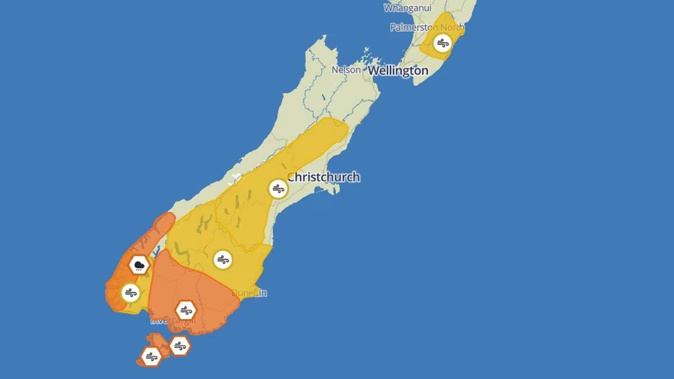 MetService has issued multiple watches and warnings for southern New Zealand, as a southerly front arrives late Sunday. Image / MetService