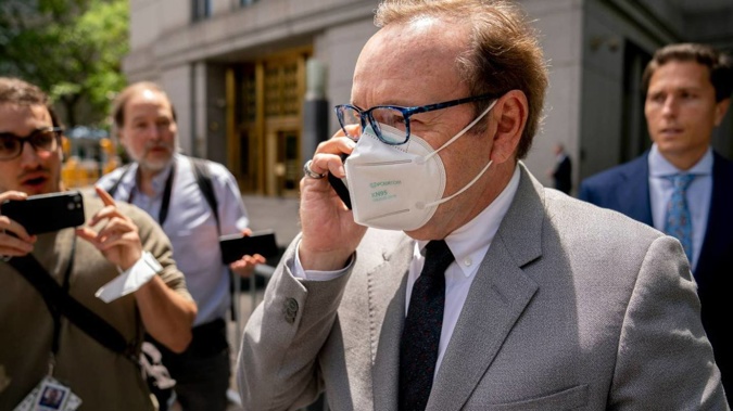 Kevin Spacey pictured leaving court after testifying in a civil lawsuit in New York on May 26, 2022. Photo / AP