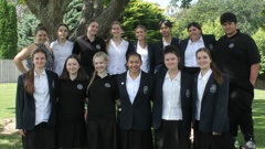 Vicky Jackson (back left) at Dannevirke High School with her students. Photo / Leanne Warr