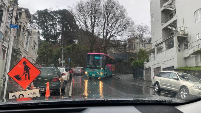 The bus attempting to descend from The Terrace to to Abel Smith St in Wellington this morning. Photo / Supplied
