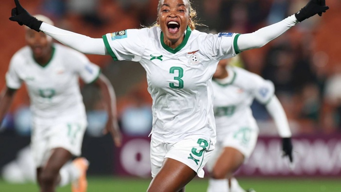 Zambia's Lushomo Mweemba celebrates the first goal of the match during the Women's World Cup Group C match between Costa Rica and Zambia in Hamilton. Photo / AP