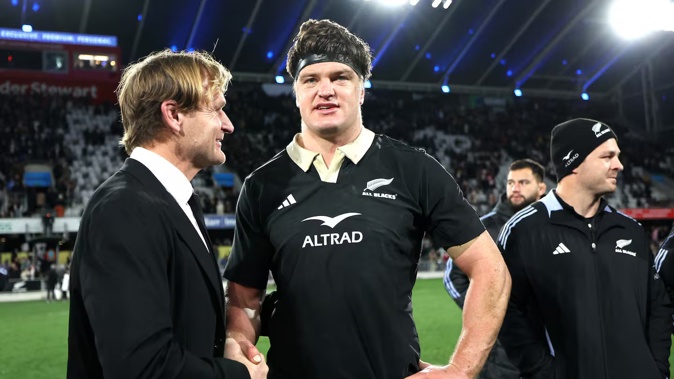 Scott Robertson and Scott Barrett after victory in Dunedin. Photo / Getty Images