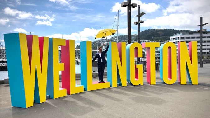 Mayor Andy Foster being the "I" in Welington. Photo / Georgina Campbell